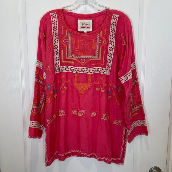 Johnny Was Biya Charlize Embroidered Blouse Pink Eyelet Lace trim Oversize S - Picture 2 of 8